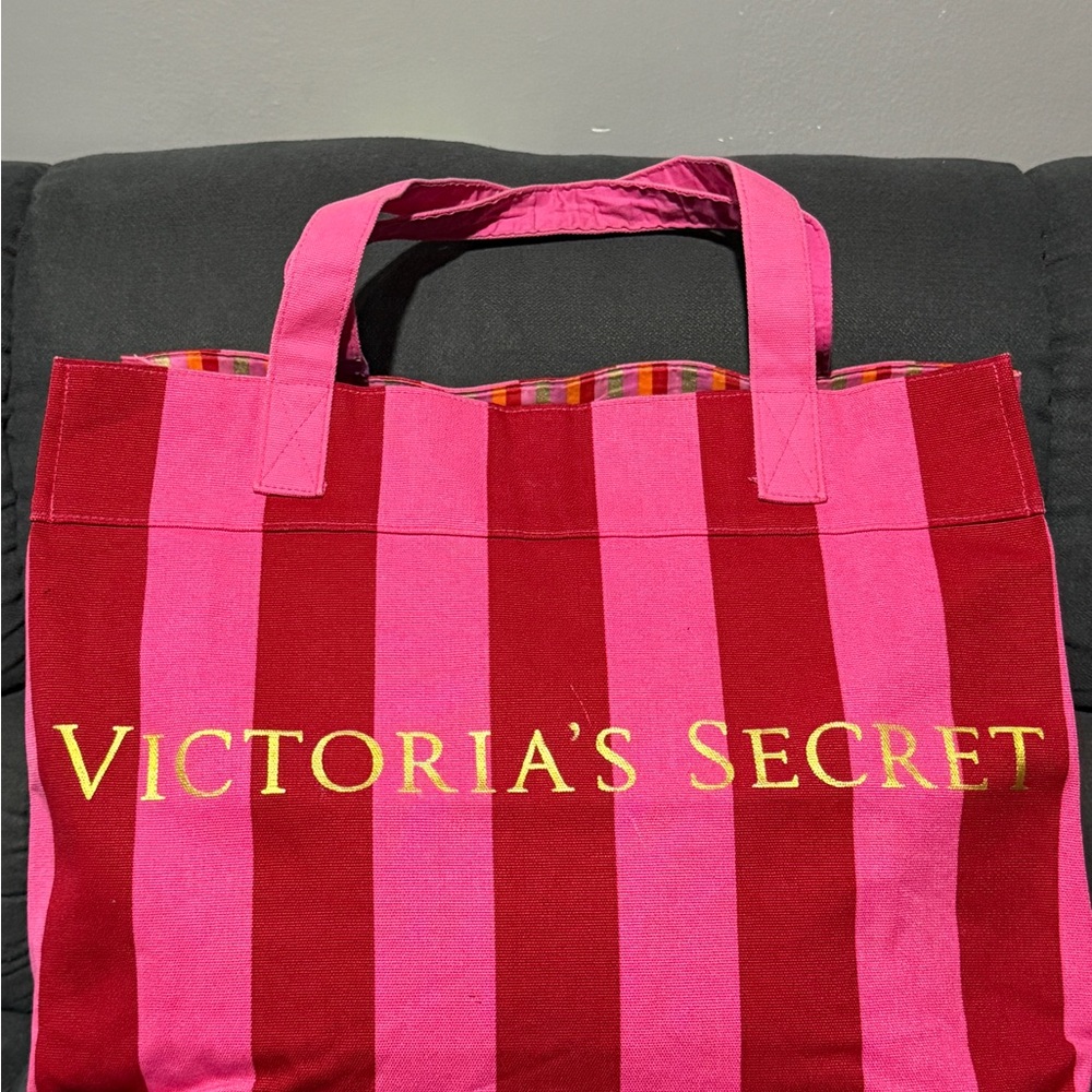 Victoria's Secret Large Pink & Red Stripes Canvas Tote